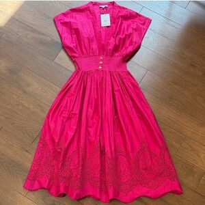 Karina Grimaldi Hot Pink V-Neck Midi Dress with Smocked Waist